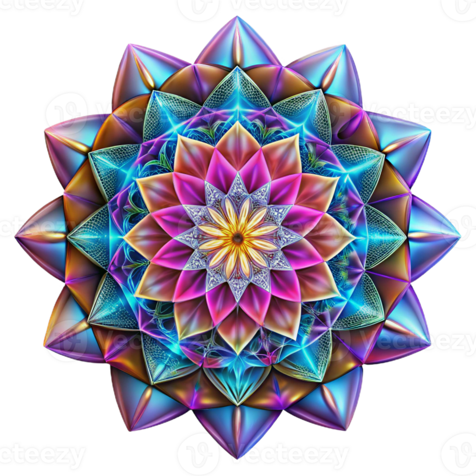 vibrant traditional A kaleidoscopic pattern of intricate, geometric designs, illuminated by a bright, multicolored light, in a psychedelic, op-art style detailed png