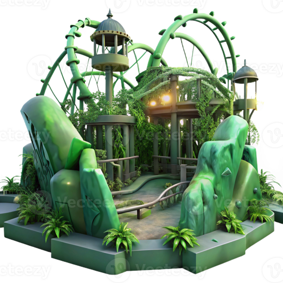 extraordinary minimalist A deserted amusement park overgrown with weeds and vines, illuminated by a pale, sickly green sky, post-apocalyptic and eerie, premium png