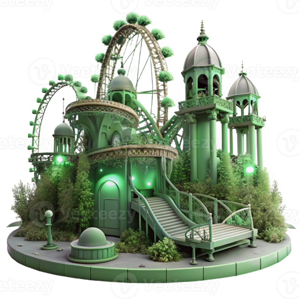 dramatic modern A deserted amusement park overgrown with weeds and vines, illuminated by a pale, sickly green sky, post-apocalyptic and eerie, authentic png