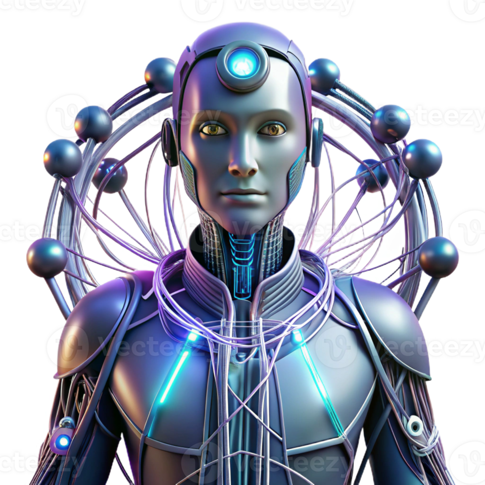 beautiful minimalist A cybernetically enhanced human connected to a vast network of wires and cables, illuminated by pulsating data streams, cyberpunk and complex, original png