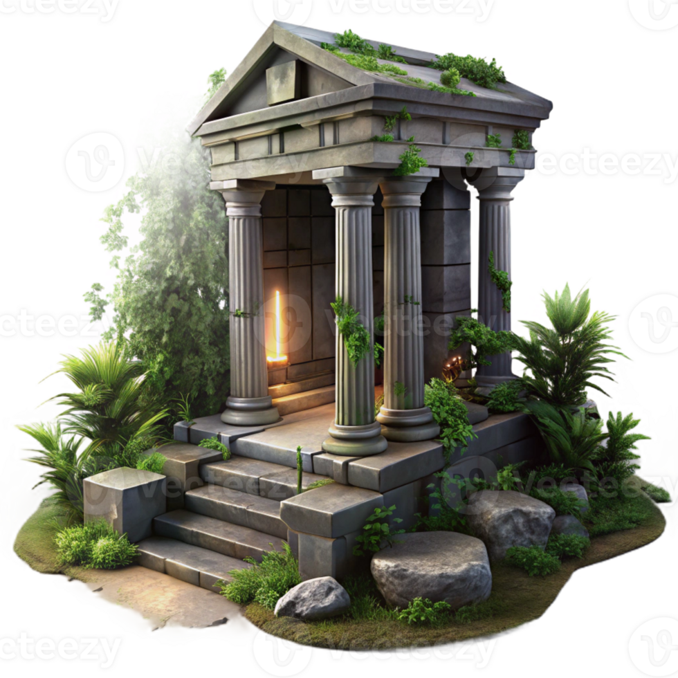serene vintage Ruined ancient temple, overgrown with vegetation, dramatic lighting, mysterious atmosphere, digital painting high quality png