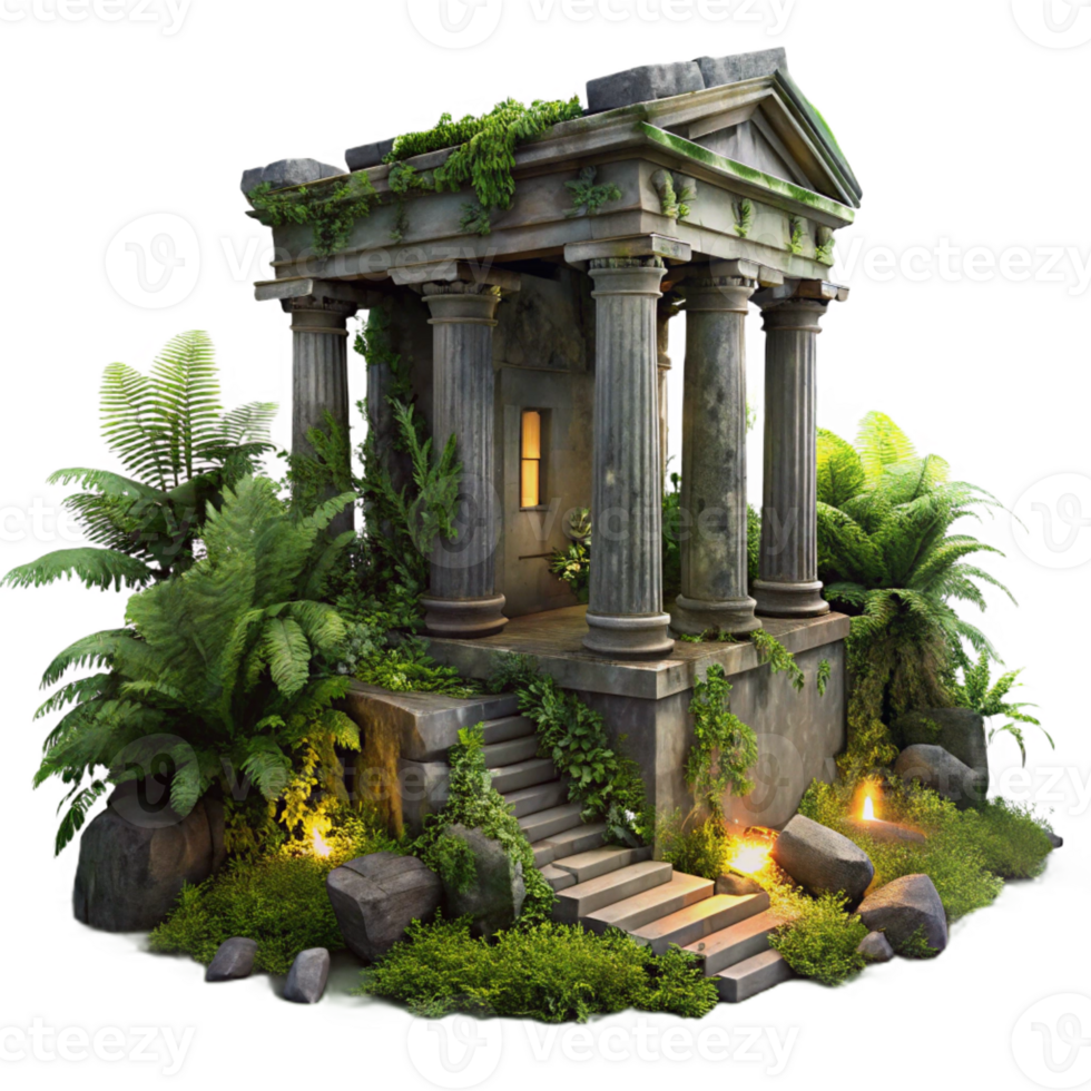 magnificent modern Ruined ancient temple, overgrown with vegetation, dramatic lighting, mysterious atmosphere, digital painting exclusive png