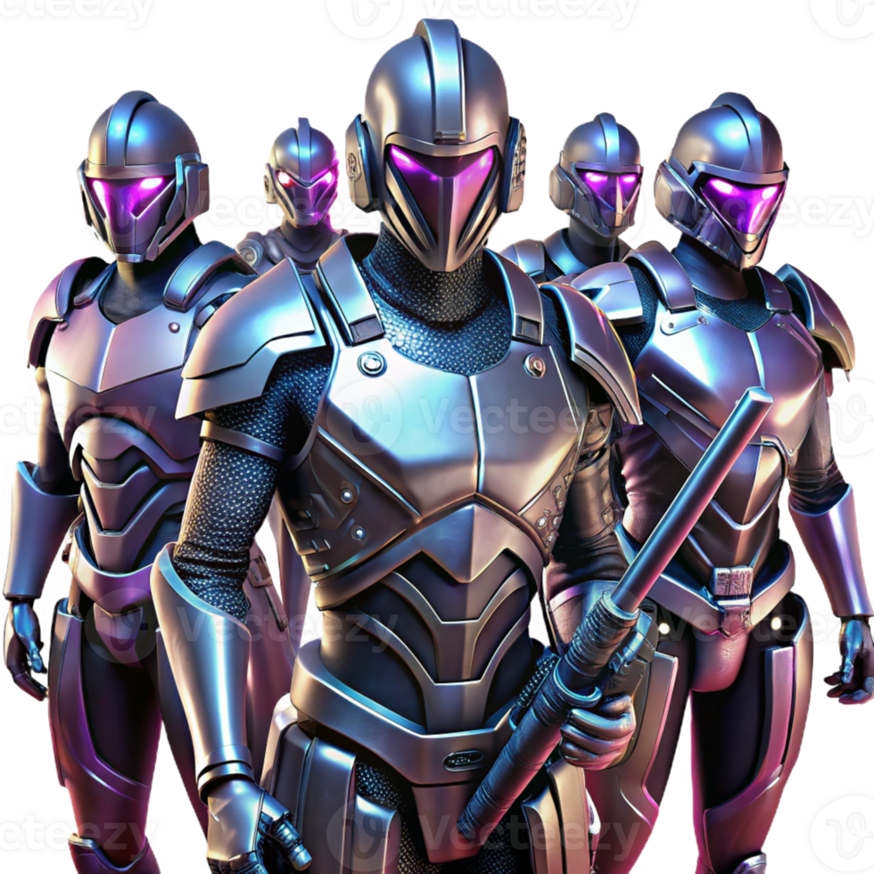 extraordinary modern A group of futuristic cyborgs, clad in sleek, metallic armor, stand back-to-back, weapons drawn, ready for battle. Dramatic, neon lighting, cyberpunk anime style exclusive png