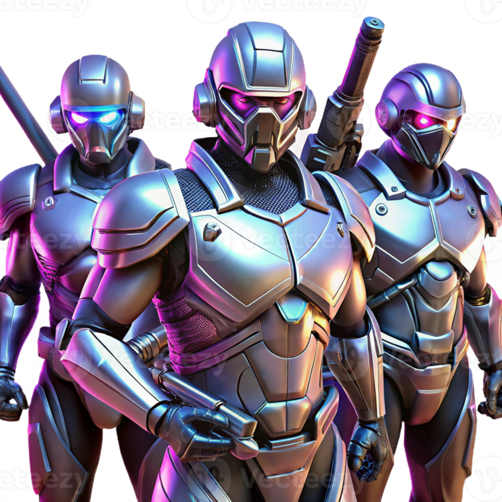 beautiful modern A group of futuristic cyborgs, clad in sleek, metallic armor, stand back-to-back, weapons drawn, ready for battle. Dramatic, neon lighting, cyberpunk anime style 4K png