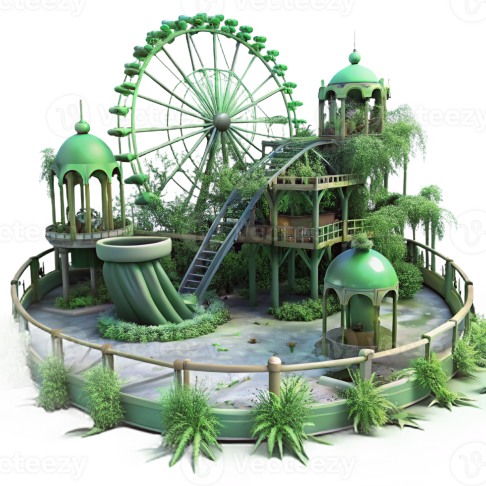 magnificent minimalist A deserted amusement park overgrown with weeds and vines, illuminated by a pale, sickly green sky, post-apocalyptic and eerie, premium png