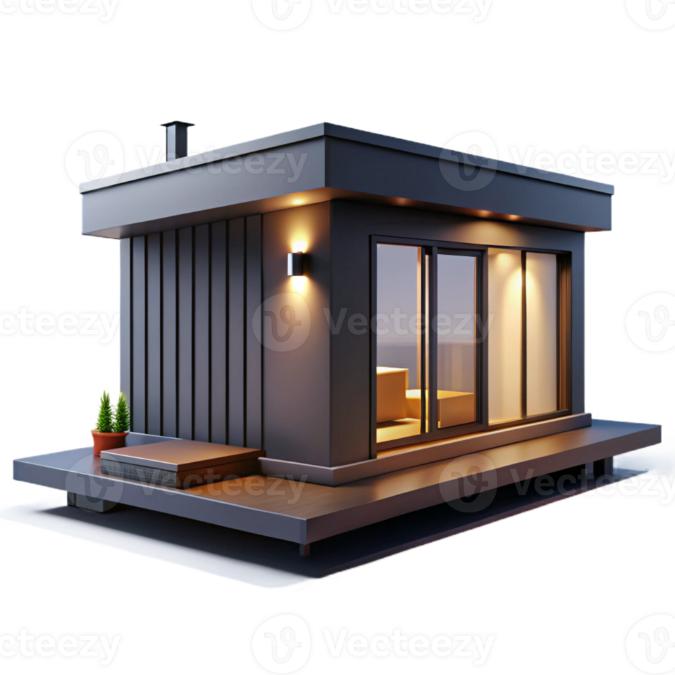 beautiful artistic Prefabricated modular home, sleek minimalist design, customizable components, bright studio lighting, product design rendering 4K png