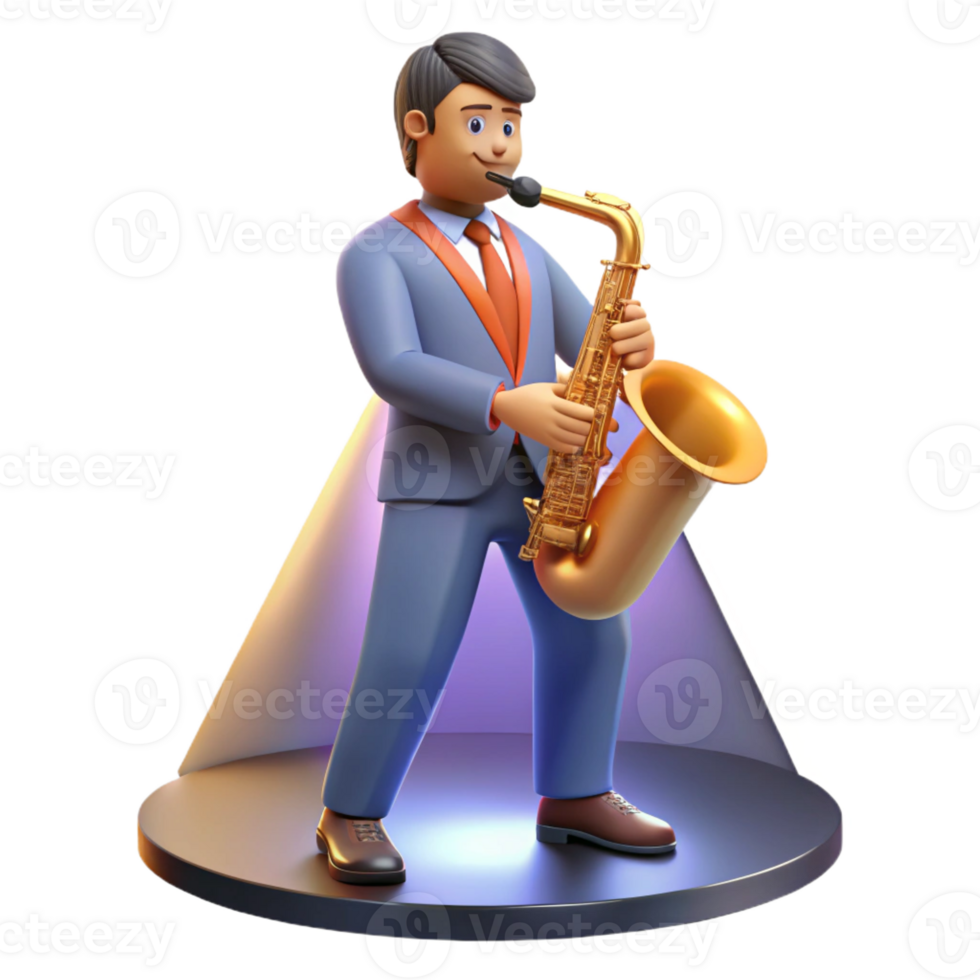 dramatic creative A cartoon musician playing a saxophone, bathed in the warm glow of a spotlight on a stage, illustrated in a smooth and jazzy cartoon style authentic png