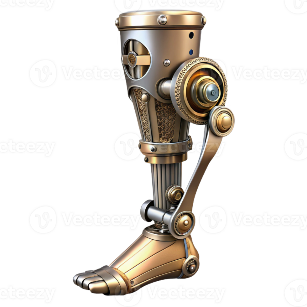 dramatic rustic A steampunk prosthetic leg, intricate clockwork mechanisms, polished steel, soft lighting, art nouveau style 4K png