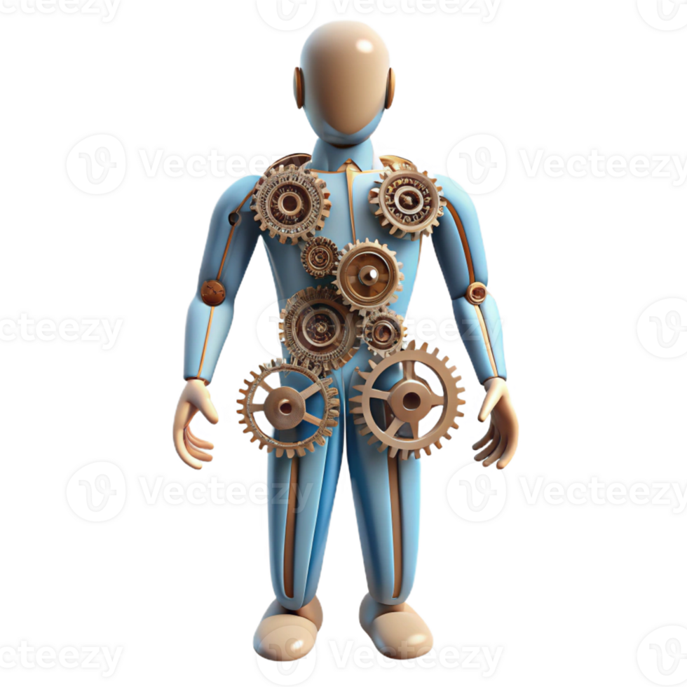 wonderful vintage A human figure composed entirely of interconnected gears and wires, standing in a desolate, industrial landscape, lit by a flickering, neon sign. Steampunk style professional png