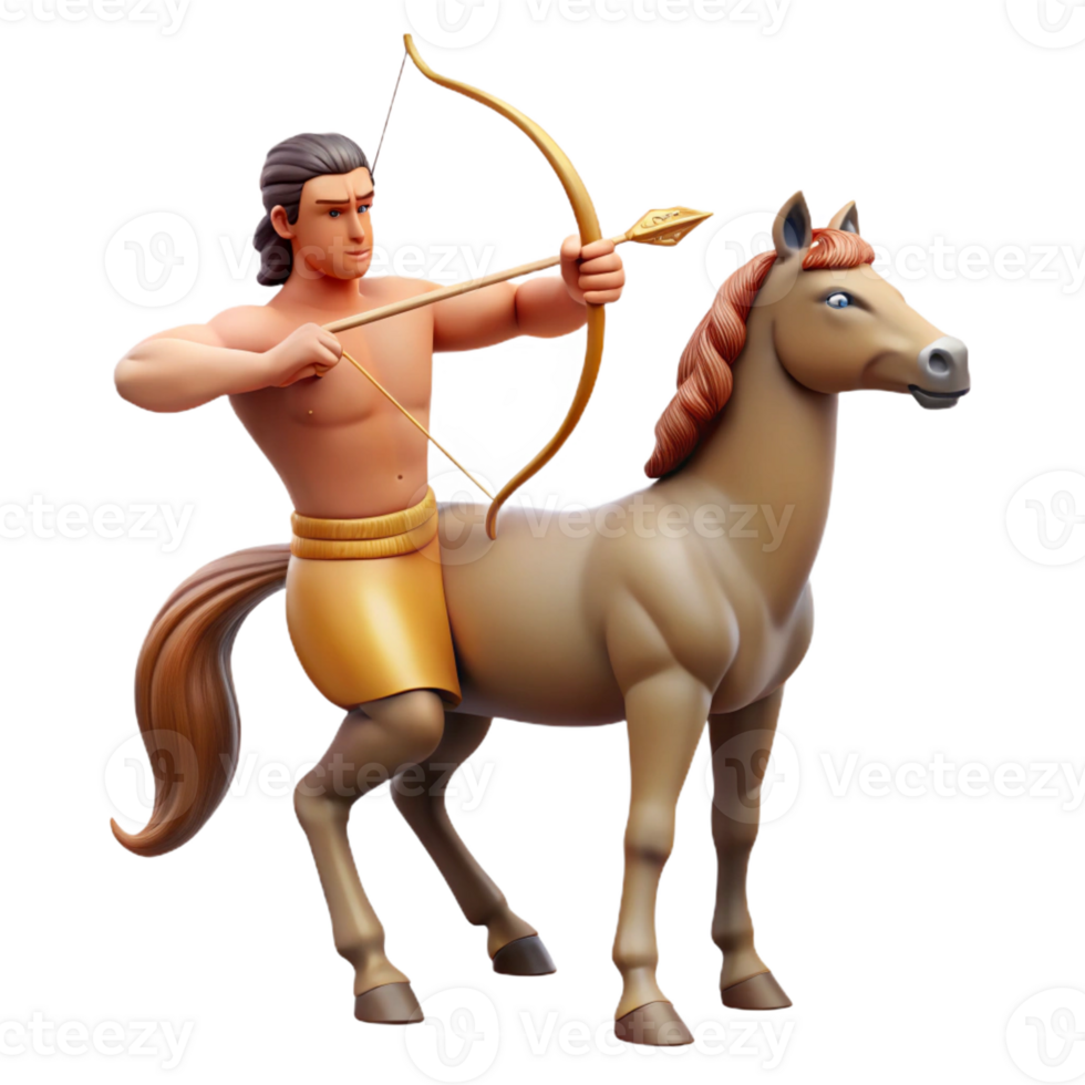 extraordinary creative A wise centaur with the body of a horse and torso of a man, aiming a bow and arrow at a distant target. Romantic style. Golden hour lighting exclusive png