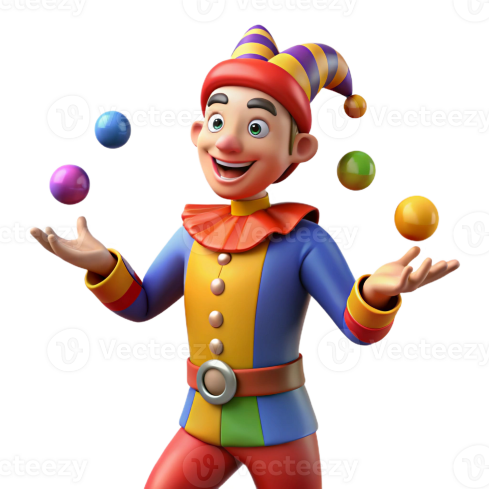 stunning abstract A medieval jester juggling, colorful costume, bright stage lighting, cartoonish style high quality png