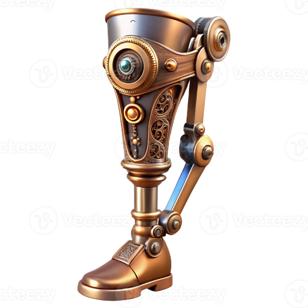 serene contemporary A steampunk prosthetic leg, intricate clockwork mechanisms, polished steel, soft lighting, art nouveau style original png