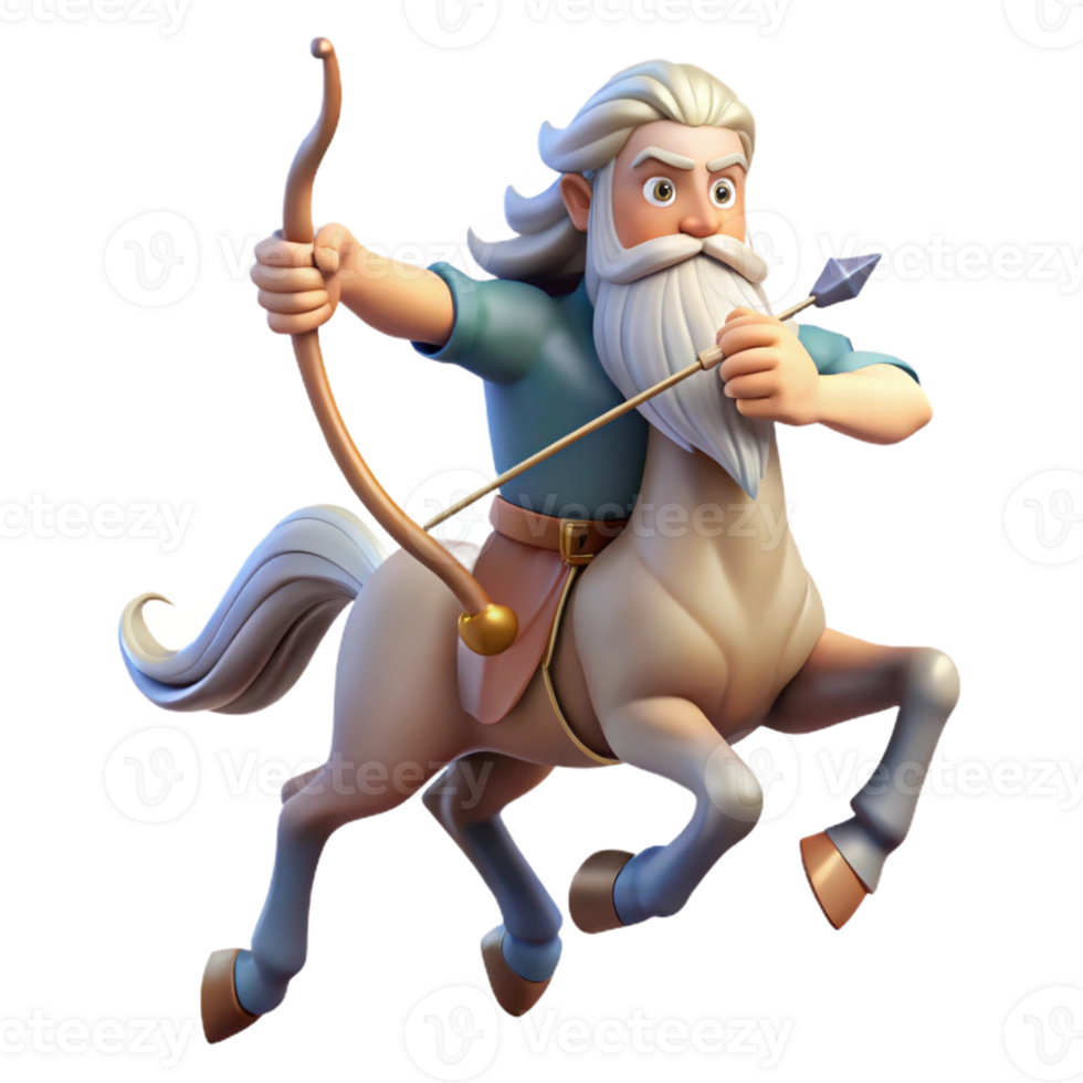vibrant classic A wise old centaur with a long, flowing beard and a bow and arrow, galloping through a forest, illuminated by the dappled sunlight. Classical style original png