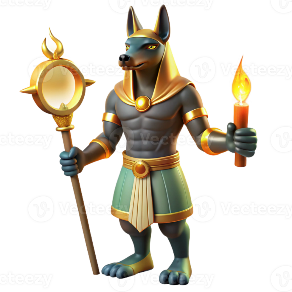 magnificent rustic A benevolent Anubis with a jackal head, holding a golden ankh, surrounded by hieroglyphs, lit by torchlight. Egyptian tomb painting style detailed png