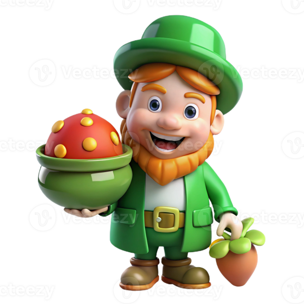 wonderful vintage A mischievous leprechaun with a pot of gold, hiding behind a mushroom, in a sun-drenched forest glade. Cartoon style original png