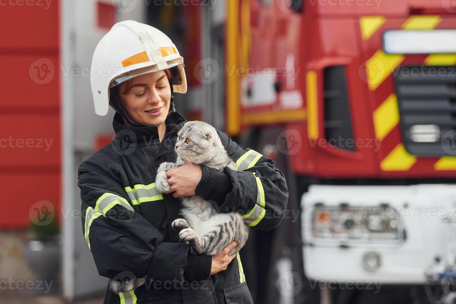 Holding beautiful, scottish fold cat.. Woman firefighter in uniform is at work in department photo
