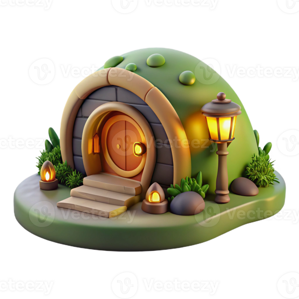 beautiful minimalist A cozy hobbit hole nestled into a hillside, warm firelight from within, children's book illustration style high quality png
