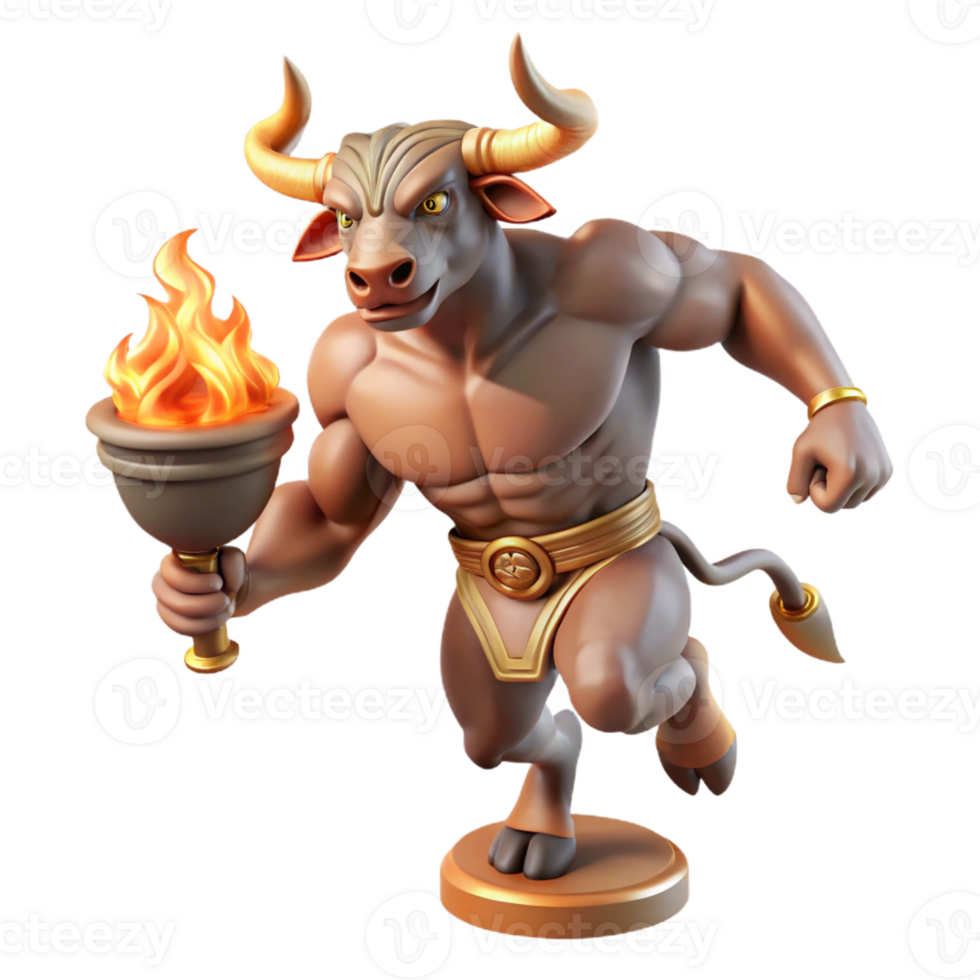 stunning artistic A powerful minotaur with bronze horns and rippling muscles, charging through a labyrinth, lit by flickering torches. Greek vase painting style high resolution png