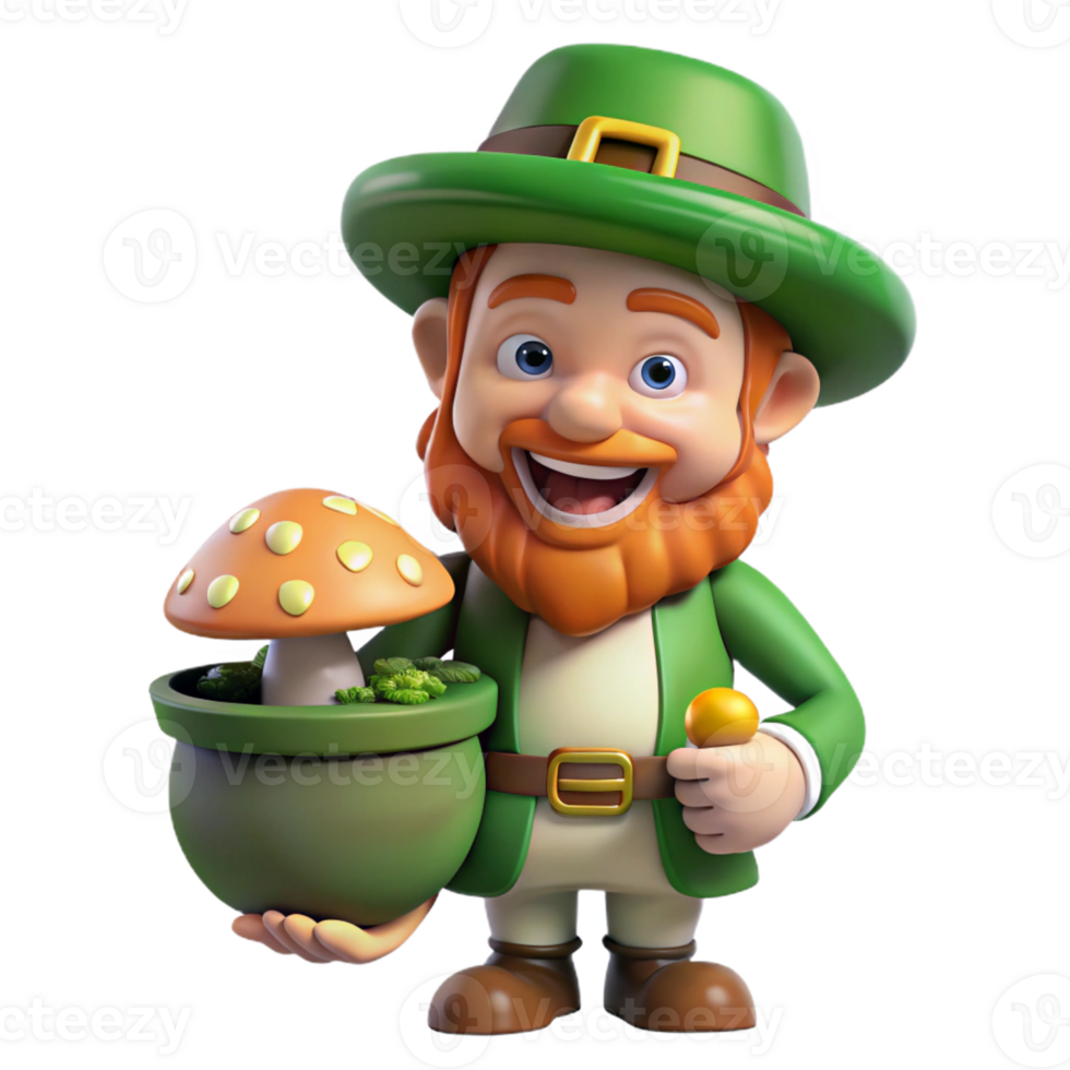 wonderful contemporary A mischievous leprechaun with a pot of gold, hiding behind a mushroom, in a sun-drenched forest glade. Cartoon style high resolution png