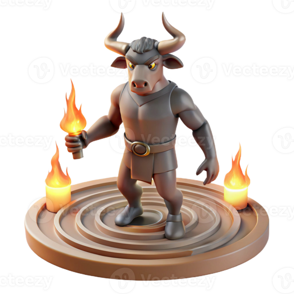 extraordinary modern A stoic Minotaur with the body of a man and head of a bull, standing in a labyrinth bathed in the cold light of torches. Greek pottery style high resolution png