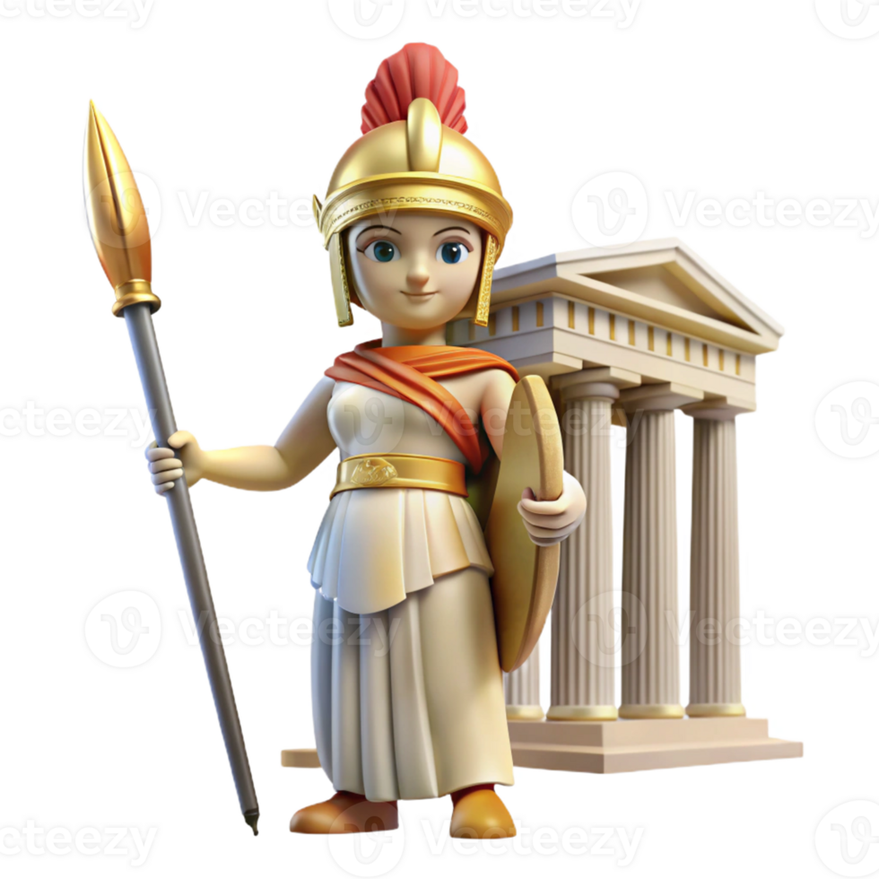 impressive creative A wise Athena with a gleaming helmet and spear, standing in front of the Parthenon. Classical style. Bright, sunny lighting 4K png