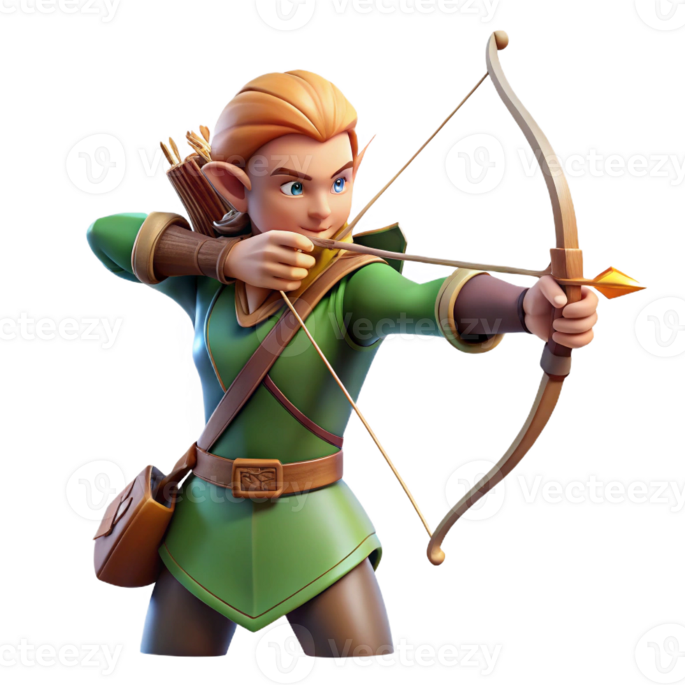vibrant contemporary A beautiful elf archer aiming a bow and arrow at a distant target, illuminated by dappled sunlight through forest leaves, in a realistic style detailed png