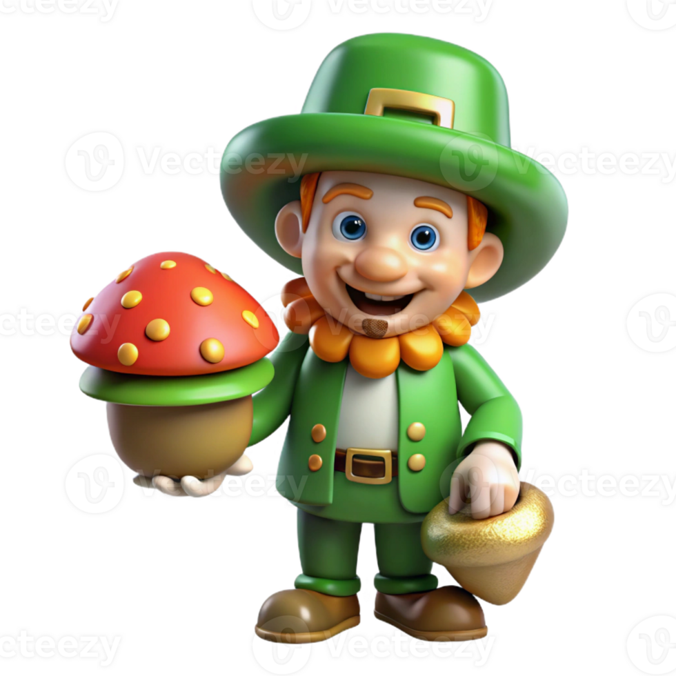 stunning rustic A mischievous leprechaun with a pot of gold, hiding behind a mushroom, in a sun-drenched forest glade. Cartoon style 4K png