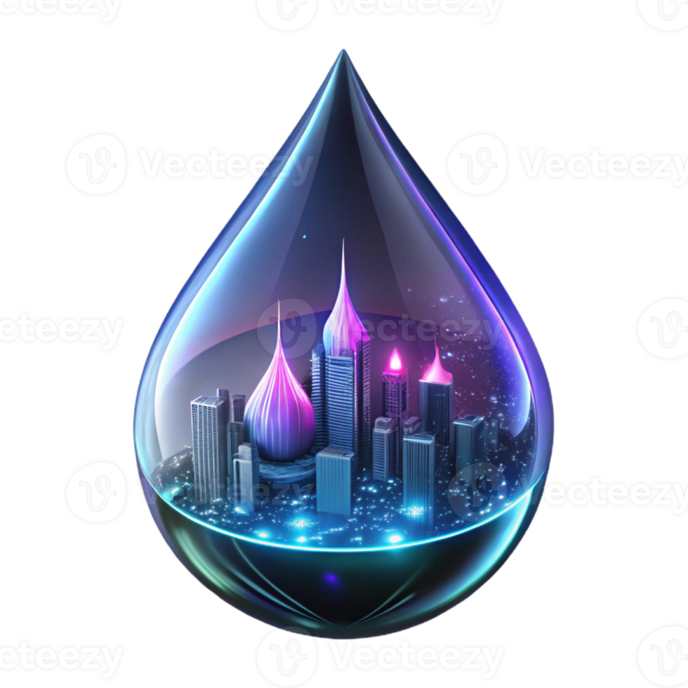 vibrant traditional A futuristic cityscape reflected in a raindrop on a window, neon lights, cyberpunk style authentic png