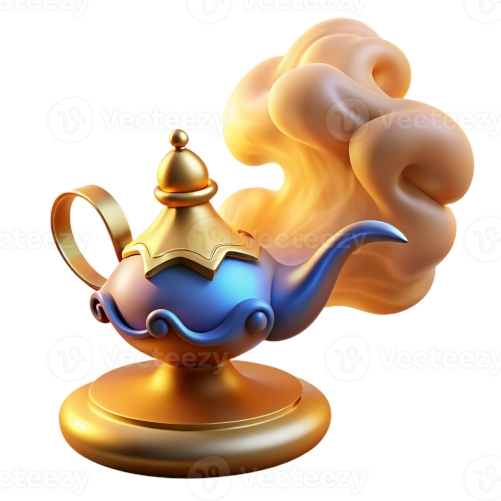dramatic modern A powerful djinn emerging from a magic lamp, surrounded by swirling smoke, lit by a warm, golden light. Orientalist style authentic png