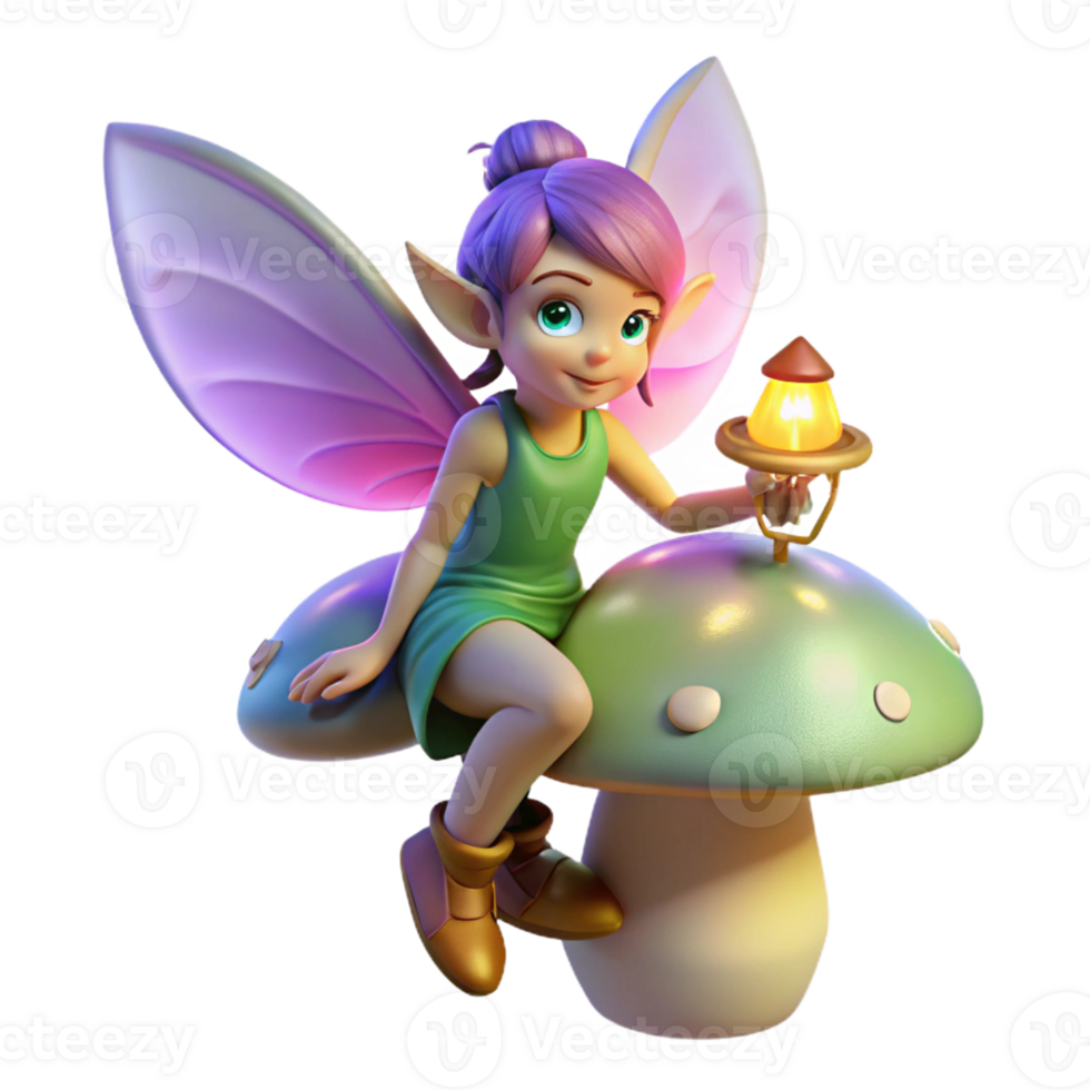 elegant modern A mischievous pixie with iridescent wings, perched on a giant, bioluminescent mushroom, holding a tiny lantern. Soft, magical lighting. Dreamlike style professional png