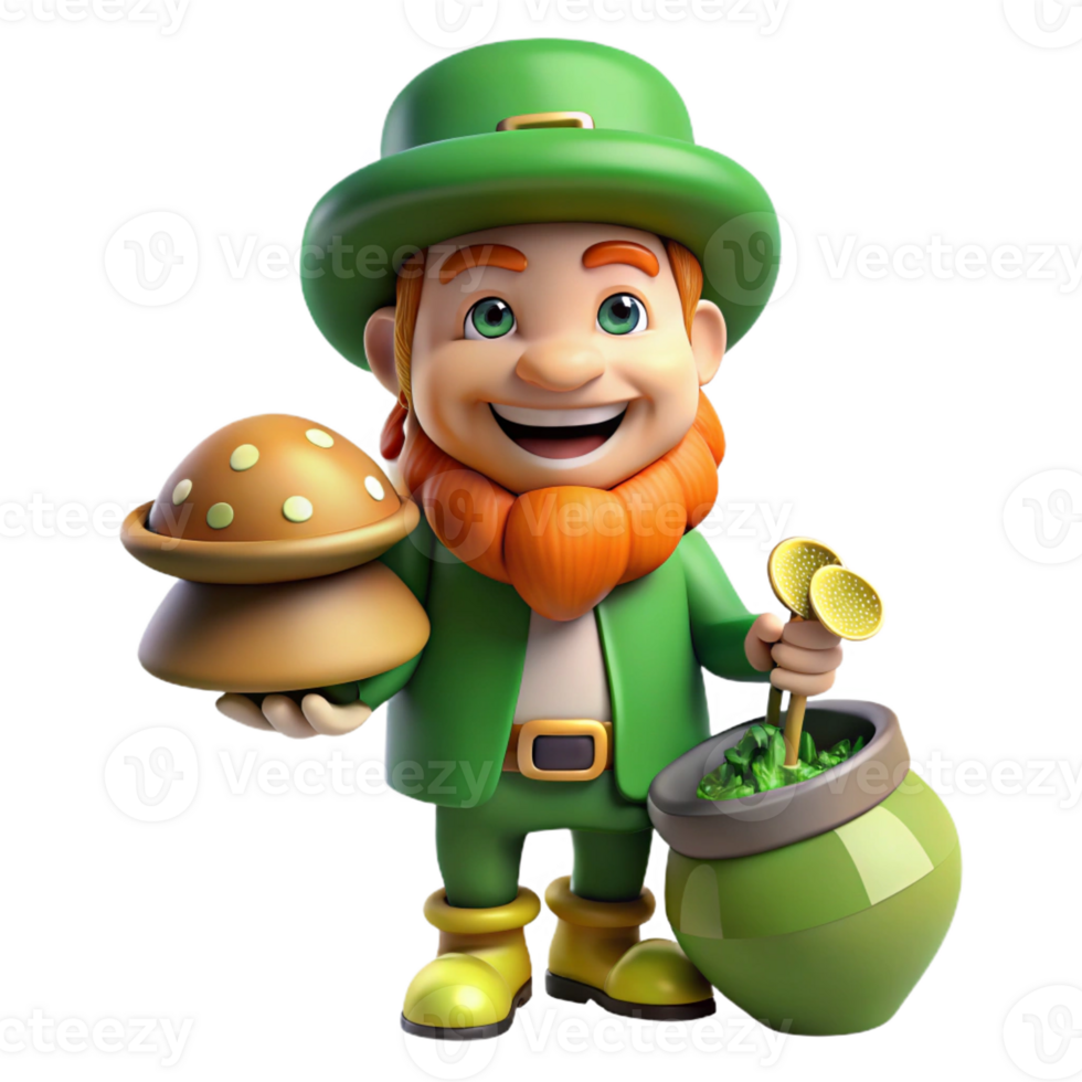 beautiful contemporary A mischievous leprechaun with a pot of gold, hiding behind a mushroom, in a sun-drenched forest glade. Cartoon style professional png