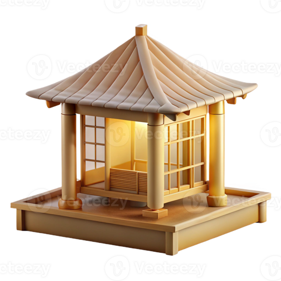 vibrant contemporary A minimalist Japanese teahouse constructed from bamboo and rice paper, soft natural daylight, watercolor painting style exclusive png