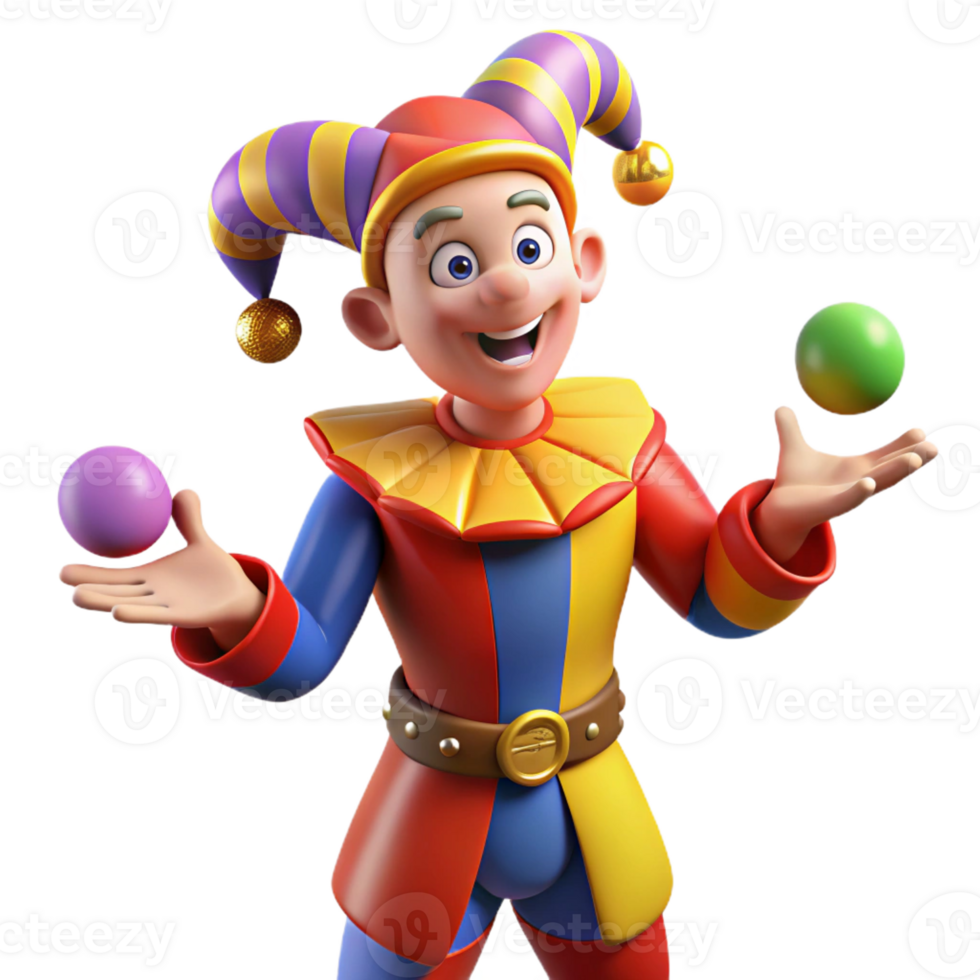 extraordinary modern A medieval jester juggling, colorful costume, bright stage lighting, cartoonish style 4K png