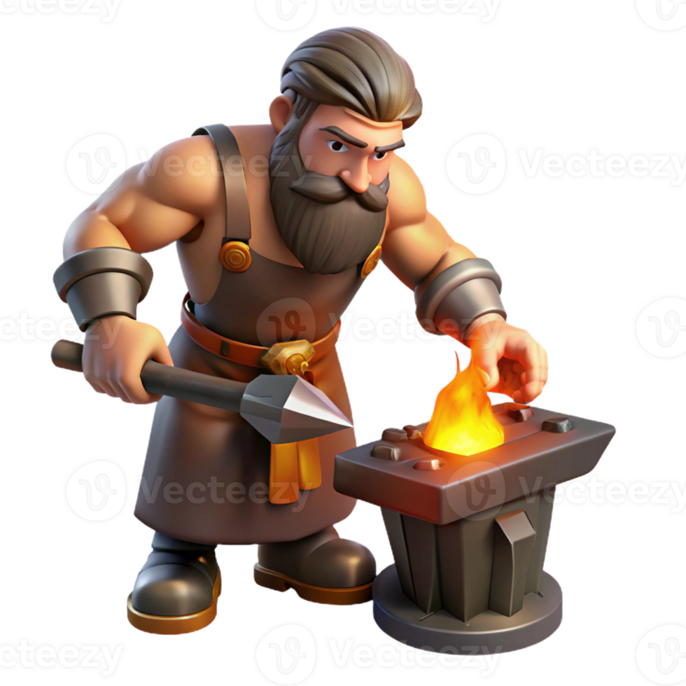 elegant minimalist A skilled Hephaestus forging a weapon in his fiery forge. Realism style. Fiery, industrial lighting high quality png