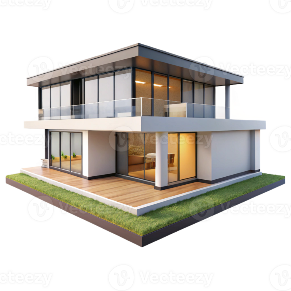 magnificent vintage Modernist villa, simple geometric forms, large glass windows, open floor plan, architectural rendering style authentic png