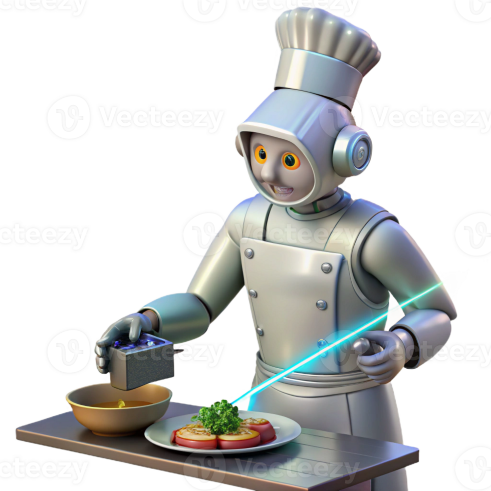 vibrant modern A robotic chef preparing a meal in a gleaming, futuristic kitchen, using laser beams to cook the food. Photorealistic style high resolution png