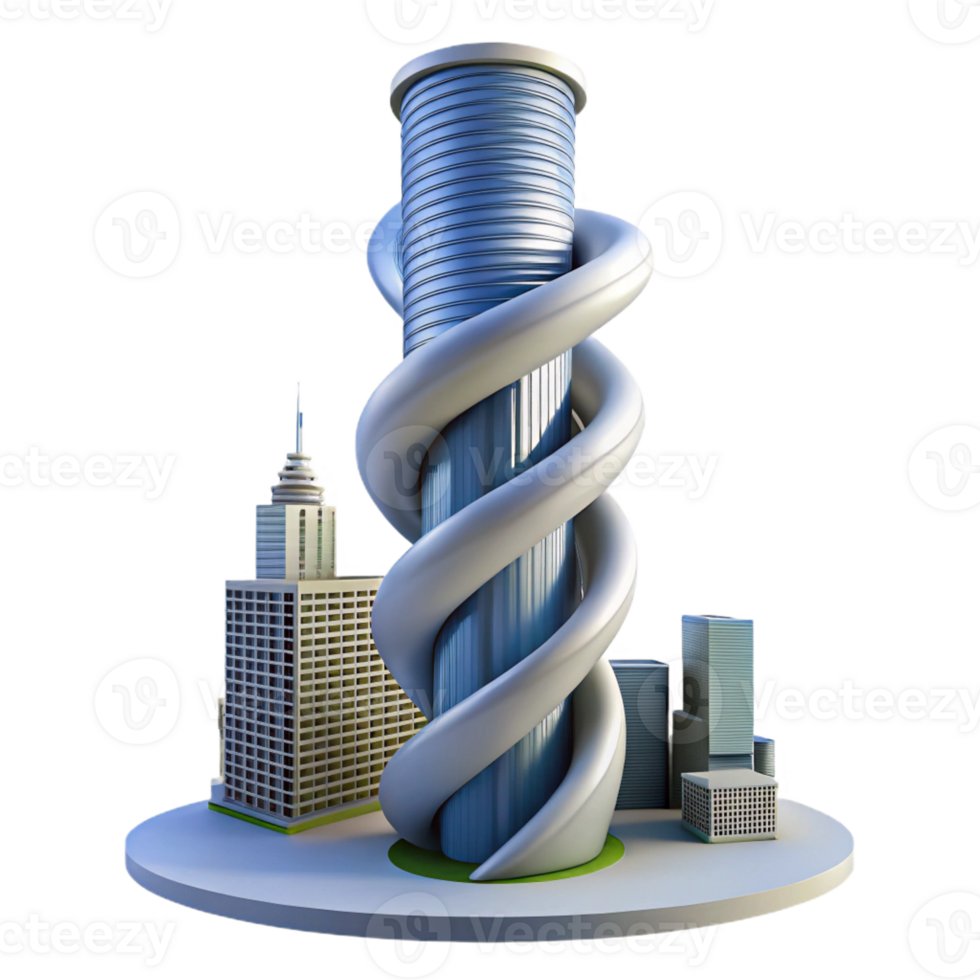 dramatic artistic Spiral skyscraper, twisting form, dynamic composition, futuristic city skyline, innovative architecture professional png