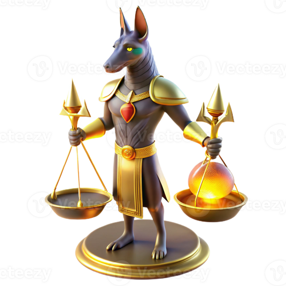 wonderful traditional A benevolent Anubis with a jackal head, weighing a human heart on a golden scale. Dramatic, spotlight lighting. Ancient Egyptian style high quality png