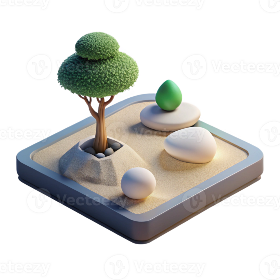 serene abstract A minimalist Zen garden with carefully raked gravel and a single bonsai tree, illuminated by soft, diffused light, minimalist photography style authentic png