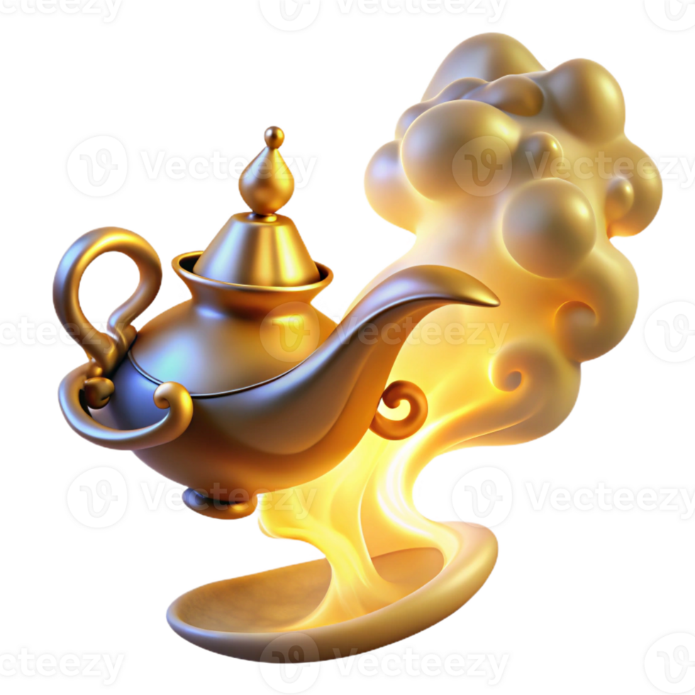 wonderful creative A powerful djinn emerging from a magic lamp, surrounded by swirling smoke, lit by a warm, golden light. Orientalist style original png
