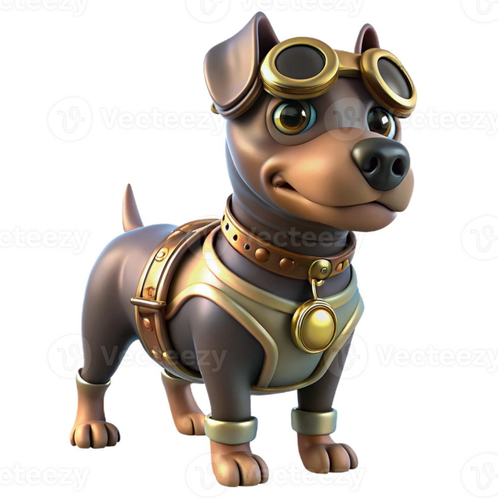 magnificent vintage Steampunk dog, brass and leather harness, intricate goggles, loyal and watchful expression, soft lighting high resolution png