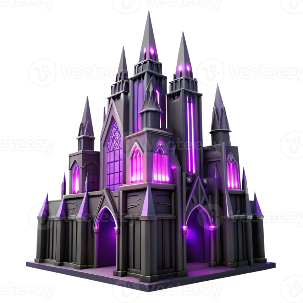 impressive traditional A towering gothic cathedral made of obsidian glass, illuminated by internal neon purple lights, Art Deco style professional png