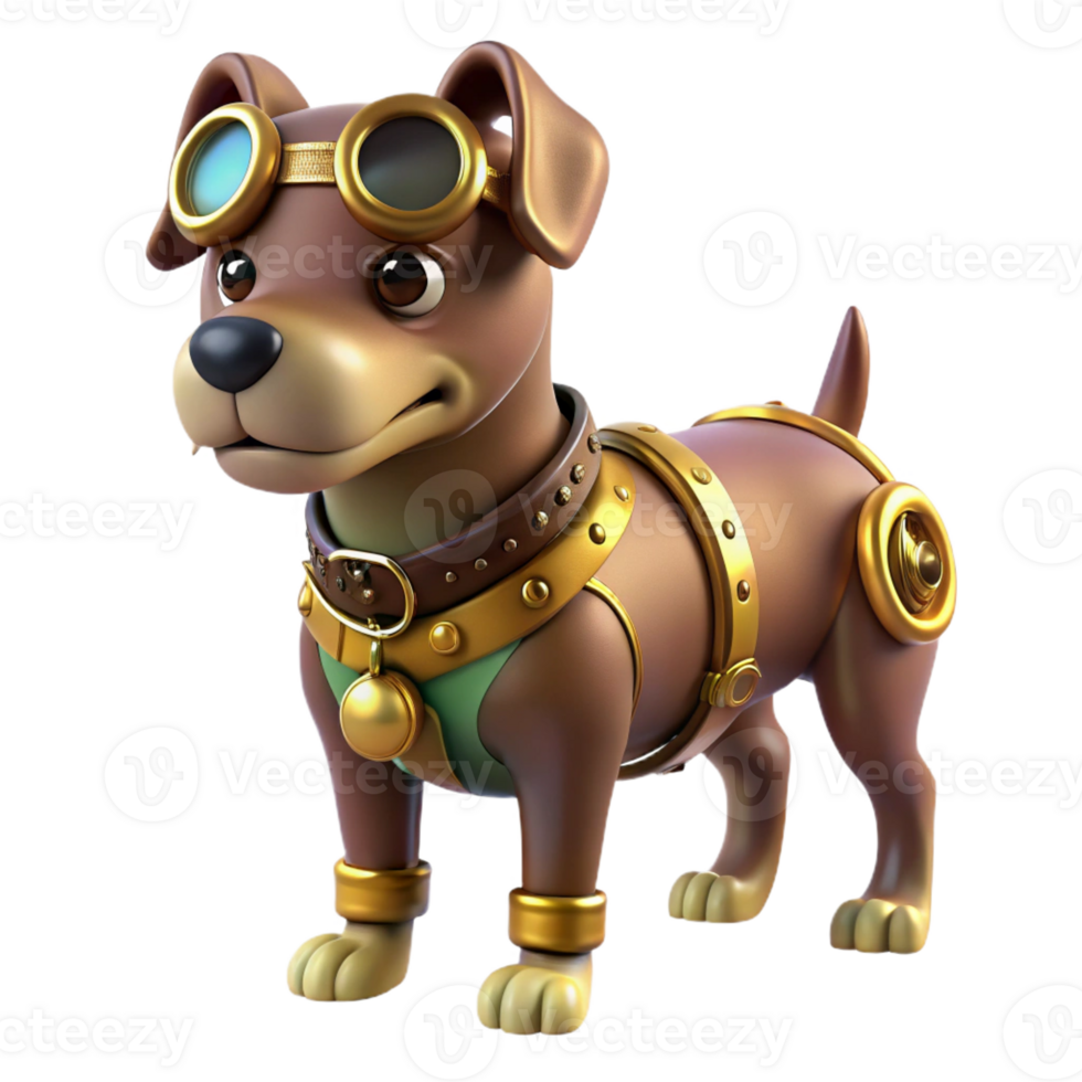 extraordinary rustic Steampunk dog, brass and leather harness, intricate goggles, loyal and watchful expression, soft lighting professional png