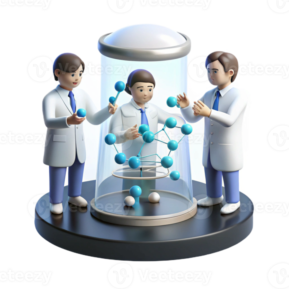 serene classic A group of scientists studying a holographic projection of a DNA molecule in a sterile, white laboratory. Photorealistic style detailed png