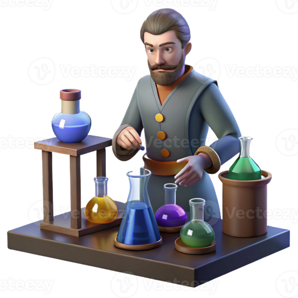 serene creative A medieval alchemist working in his laboratory, surrounded by bottles and beakers, mysterious atmosphere, dim lighting high resolution png