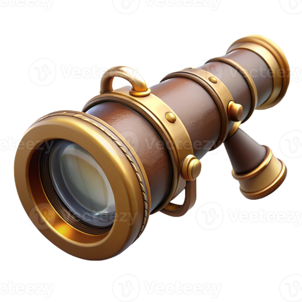 elegant traditional A steampunk spyglass with brass and leather construction, intricate lenses and focusing mechanisms, extended for viewing, lit by a soft daylight authentic png