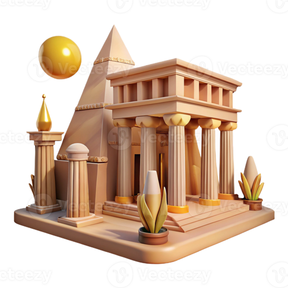 wonderful contemporary Ancient Egyptian temple, hieroglyphics, colossal statues, desert setting, midday sun, historical style high quality png