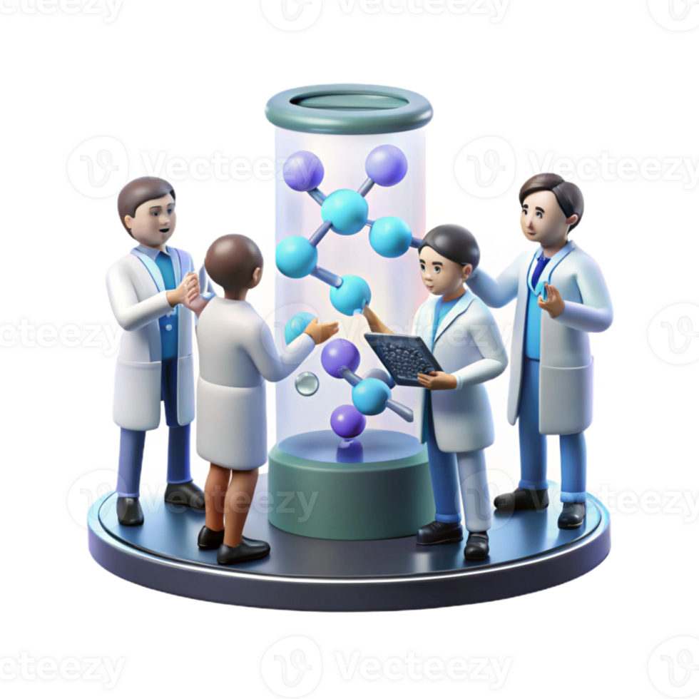 impressive rustic A group of scientists studying a holographic projection of a DNA molecule in a sterile, white laboratory. Photorealistic style professional png