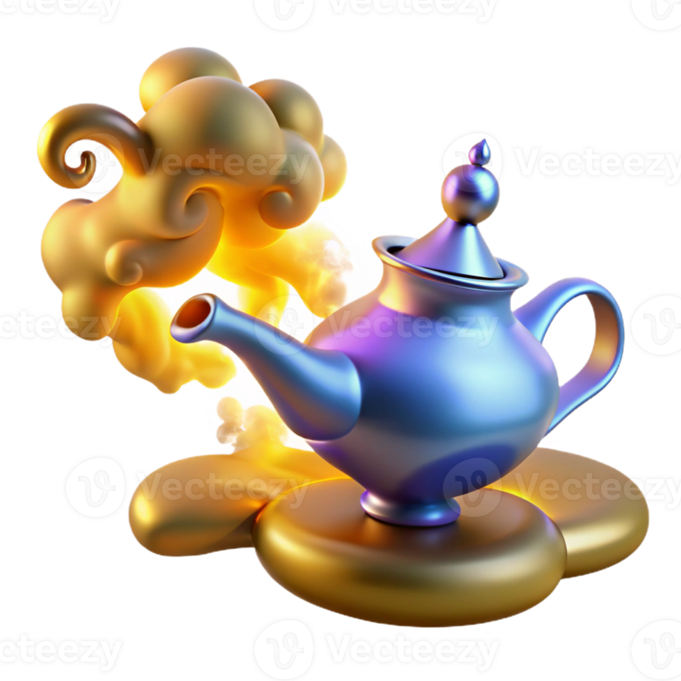 extraordinary rustic A powerful djinn emerging from a magic lamp, surrounded by swirling smoke, lit by a warm, golden light. Orientalist style high quality png