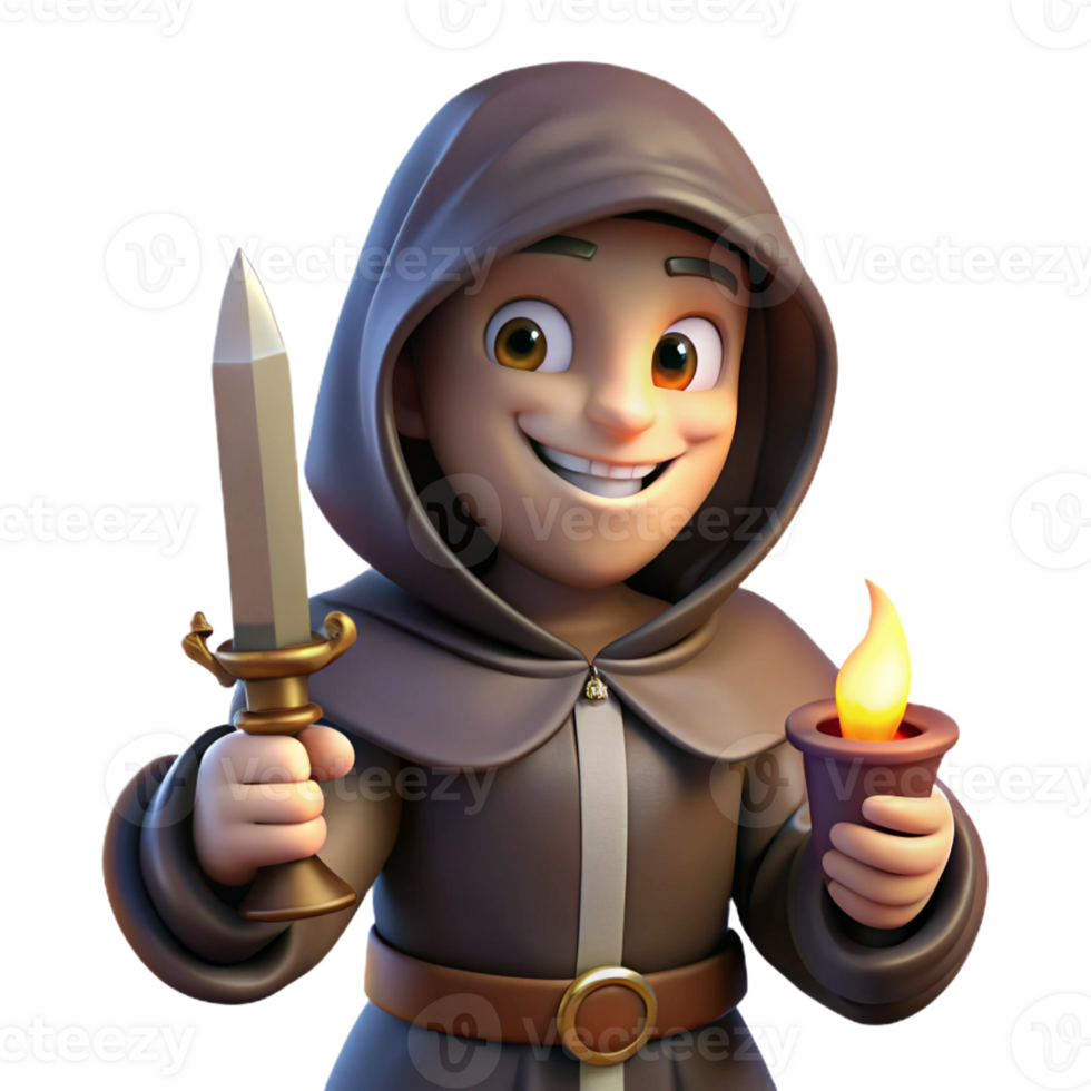 magnificent creative A cunning rogue with a hooded cloak and a sly grin, holding a dagger, illuminated by the dim light of a flickering candle. Baroque style premium png